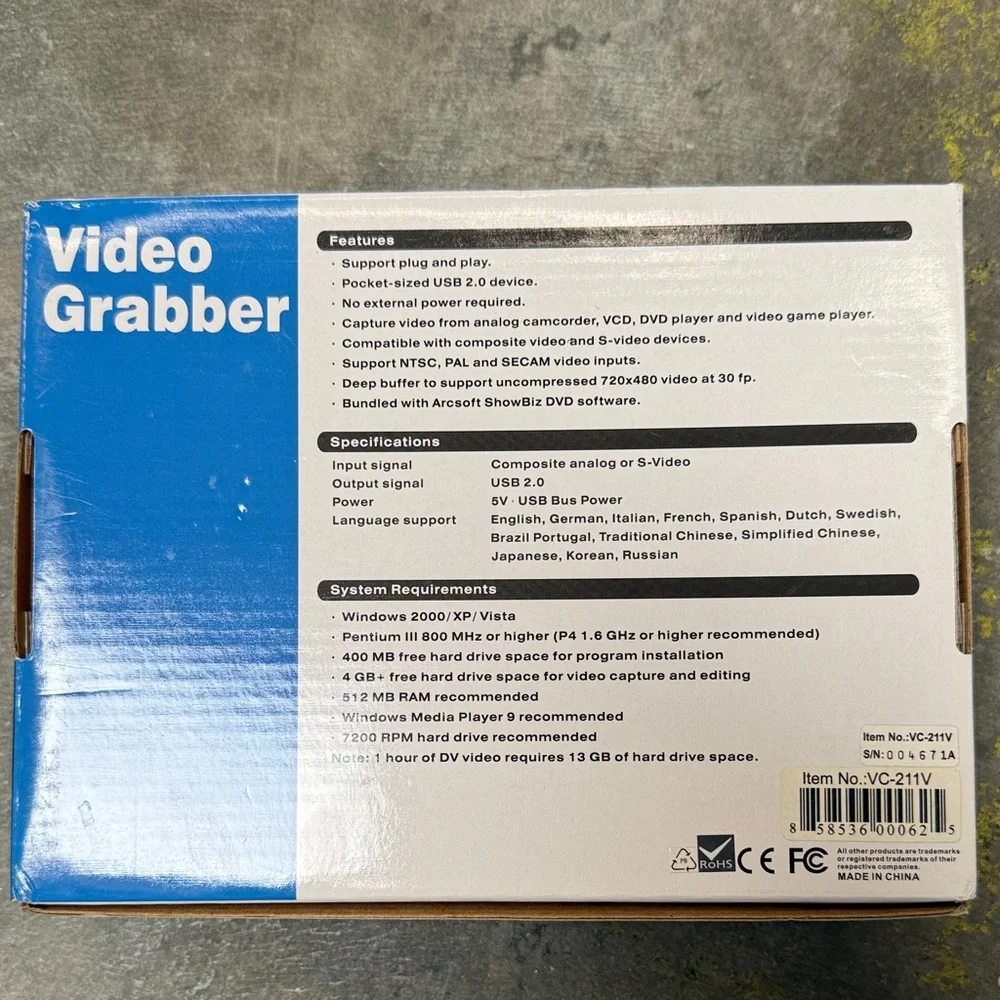 Video Grabber USB 2.0 External Capture Device, Manual and CD